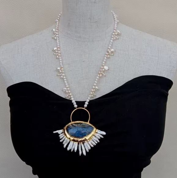 Jewelry - Nwt Natural Freshwater Pearl and Blue Stone Necklace